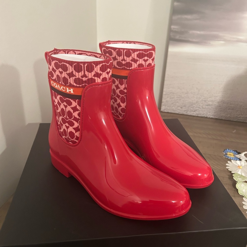 Coach Red Patterned Women's Rain Boots